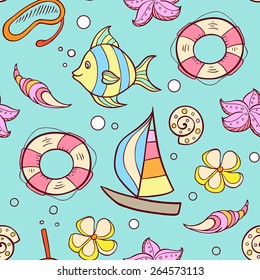 Summer marine seamless pattern with boat, fish and lifebuoy