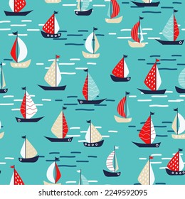 Summer marine seamless pattern with boats at sea. Red and turquoise colors. Yacht trip on the ocean. flat style. For wallpaper, printing on fabric, wrapping