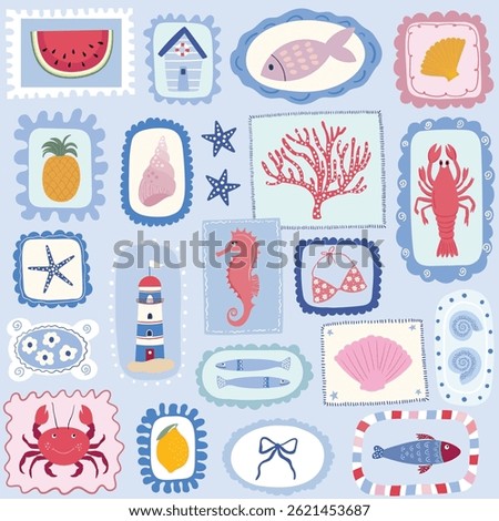 Summer marine seamless pattern, coquette background with stamps, charming wallpaper with lobster, coastal elements