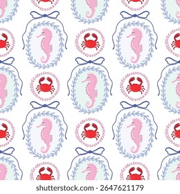Summer marine seamless pattern with crabs and seahorses in decorative frames, coquette bows, wallpaper print, retro style background