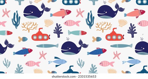 Summer marine seamless pattern with cute nautical elements, design inspiration for kids wallpaper, fabric, wrapping paper