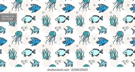 Summer marine seamless pattern with fish, jellyfish, algae for textiles, wrapping paper, backgrounds