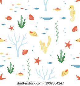 Summer marine seamless pattern with fishes, algae, corals, seahorses and seashells. Isolated on a white background ocean animals hand-drawn in a cartoon style for children's textiles, wallpapers