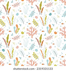 Summer marine seamless pattern with fishes, seaweeds, corals and seashells on a white background. Sea animals print for children's textiles, wallpapers