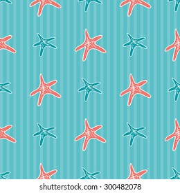 Summer marine seamless pattern with hand drawn starfish