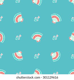Summer marine seamless pattern with hand drawn seashells and starfish