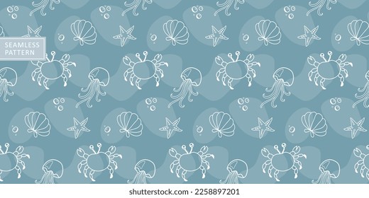 Patrón marino de verano sin soldadura con medusas, cangrejos, conchas, estepas para textiles para niños, cubiertas, papel de embalaje