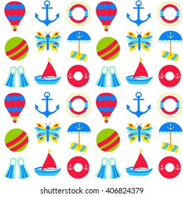 Summer marine seamless pattern over white. Vector illustration of  ocean vacation tile background.