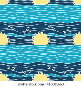 Summer Marine Seamless Pattern. Repetitive Texture with Sun, Waves, Seagulls and Clouds. Bright  Sea Holidays Kids or Fashion Modern Background