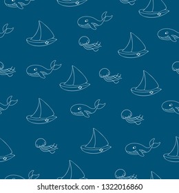 Summer marine seamless pattern with sailboat. Sea party vector background with yacht, whale, jellyfish.
