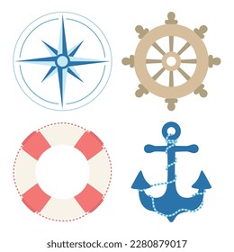 summer marine set with anchor, lifebuoy, compass and ship wheel isolated on white background, flat style