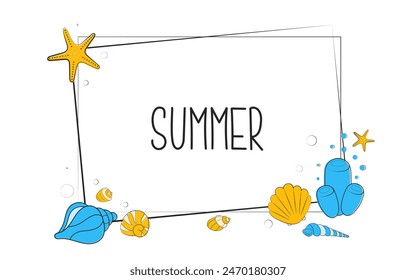 Summer marine square frame with shells, sea animals and water bubbles. Decorative elements for greeting card, invitation, banner, sale, scrapbooking, advertising. Vector illustration.