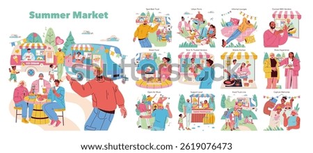 Summer Market illustration captures the lively atmosphere of outdoor food events. It features diverse food trucks, urban picnics, and social interactions, highlighting community bonding and culinary