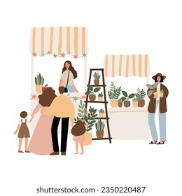 summer market illustration, people walking at festival vector clipart, fair in park clip art, outdoor party images in flat style, digital download, elderly, muslim, black people, couple, family.