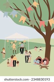 summer market poster illustration clipart, people walking at fair vector printable card, festival wall art print, party in park clip art, digital download images in flat cartoon style.