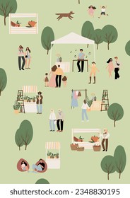 summer market poster illustration clipart, people walking at fair vector printable card, festival wall art print, party in park clip art, digital download images in flat cartoon style.