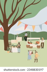 summer market poster illustration clipart, people walking at fair vector printable card, festival wall art print, party in park clip art, digital download images in flat cartoon style.
