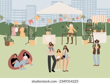summer market poster illustration clipart, people walking at fair vector printable card, festival wall art print, party in park clip art, digital download images in flat cartoon style.
