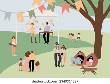 summer market poster illustration clipart, people walking at fair vector printable card, festival wall art print, party in park clip art, digital download images in flat cartoon style.