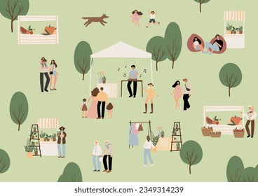 summer market poster illustration clipart, people walking at fair vector printable card, festival wall art print, party in park clip art, digital download images in flat cartoon style.