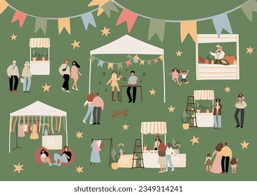 Sommermarkt Poster-Illustration Clipart Kunst, Menschen zu Fuß auf der fairen Vektordruckkarte, Festival-Wand-Kunstdruck, Party in Park-Clip-Kunst, digitale Download-Bilder in flachem Cartoon-Stil.