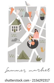 Summer market scene collection. Spring, summer outdoor street festival elements. People in different situations, have fun, shopping handmade items, dancing, eating, drinking, meeting friends.