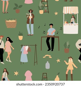 summer market seamless pattern, people walking at fair digital paper, festival in park scrapbook paper, party background, holiday vector illustration clipart, images in flat cartoon style.
