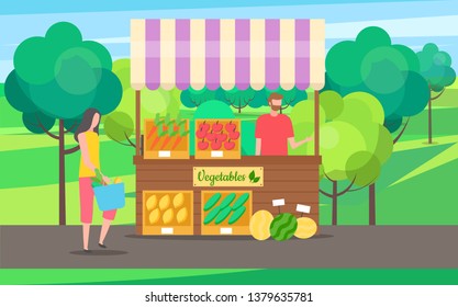 Summer market vector, vegetables and products fresh ingredients, carrots and watermelon, ripe apples tomatoes and customer buying from seller man