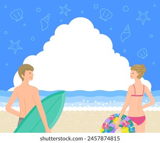 Material de verano: cielo azul con nubes y hombres y mujeres sonrientes en el mar