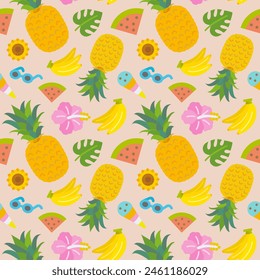 Summer material: cute seamless pattern of summer fruits and flowers, summer icons