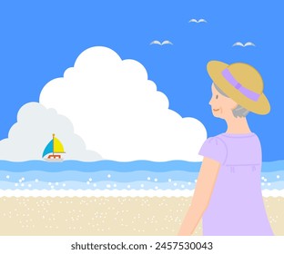 Summer material: A senior woman looking up at the blue sky with clouds at the sea with a smile