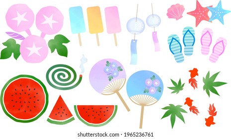 Summer material set drawn in watercolor.Illustration of vector material.