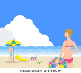 Summer material: young men and women in swimsuits looking up at the blue sky with clouds at the sea with smiles