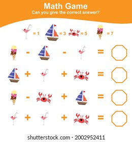 Summer Math Game for Preschool. Educational printable math worksheet. Additional math for kids. Vector illustration. This worksheet is suitable for educating preschool kids on how to count well.