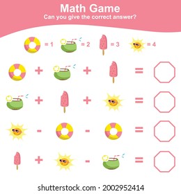 Summer Math Game for Preschool. Educational printable math worksheet. Additional math for kids. Vector illustration. This worksheet is suitable for educating preschool kids on how to count well.