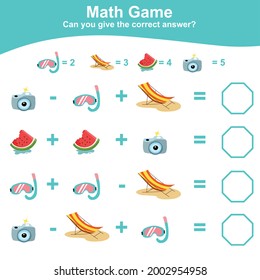 Summer Math Game for Preschool. Educational printable math worksheet. Additional math for kids. Vector illustration. This worksheet is suitable for educating preschool kids on how to count well.