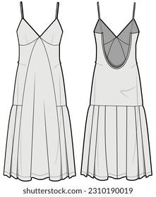 Verano Maxi Strap Vestido con Frill Hem de rodilla, Slip Vestido Front y Back View. Moda Ilustración, Vector, CAD, Dibujo Técnico, Plano Plano, Plantilla, Trampa.