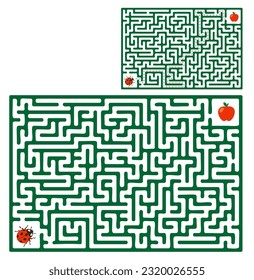 Summer Maze Adventure. Labyrinth. Educational game for children.Help the ladybug find the way to the apple. Worksheet. Labyrinth for children. Vector illustration of a maze, labyrinth with entrance 