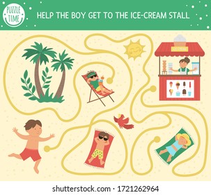 Summer maze for children. Preschool beach holidays activity. Funny puzzle with cute boy, ice-cream stall, sunbathing people. Holiday game for kids. Printable activity with ice cream kiosk