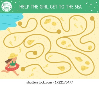 Summer maze for children. Preschool beach holidays activity. Funny puzzle with cute girl, seashells, foot prints on sand. Holiday game for kids. Printable activity with child running to the sea