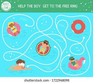 Summer maze for children. Preschool beach holidays activity. Funny puzzle with cute swimming boys, girls, rubber rings. Holiday game for kids. Printable activity with child in the water