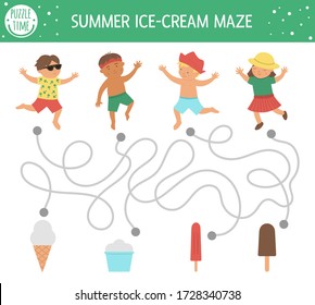 Summer Maze For Children. Preschool Beach Holidays Activity. Funny Puzzle With Cute Boys, Girl And Ice-cream. Holiday Game For Kids. Printable Activity With Child And Ice Cream