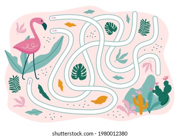 Summer Maze Game. Flamingo Way to the sea. Game for kids. Vector illustration