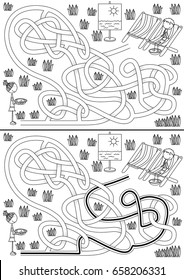Summer maze for kids with a solution in black and white