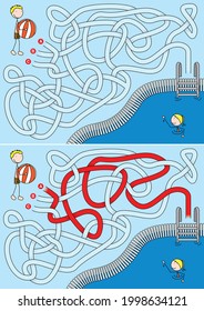 Summer maze for kids with a solution - find the right path from the boy to the swimming pool