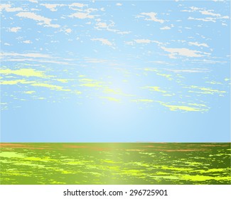 Summer meadow abstract landscape with blue cloudy sky and sunlight.