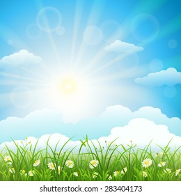 Summer meadow background with green grass, herbs, flowers, sky and sun