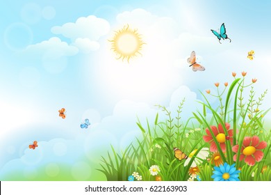 Summer meadow background with green grass, flowers and sun