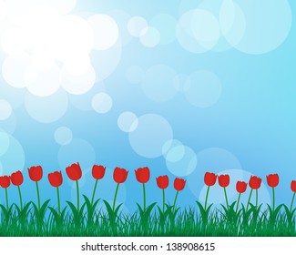 Summer meadow background with tulips. EPS 10 vector illustration with transparency and meshes.