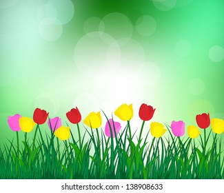 Summer meadow background with tulips. EPS 10 vector illustration with transparency and meshes.